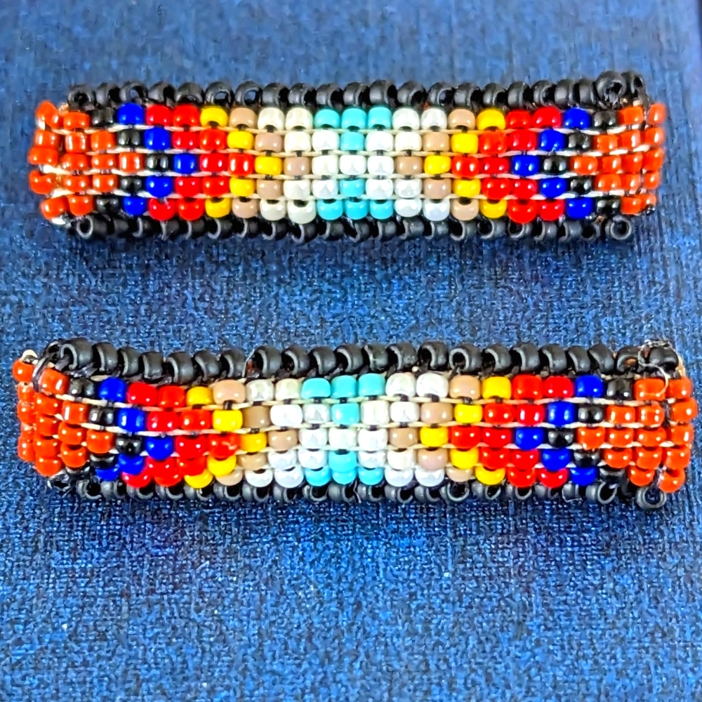 Native American Barrettes Hand Made Brown Leather Colorful Beads Small 1-1/2"
